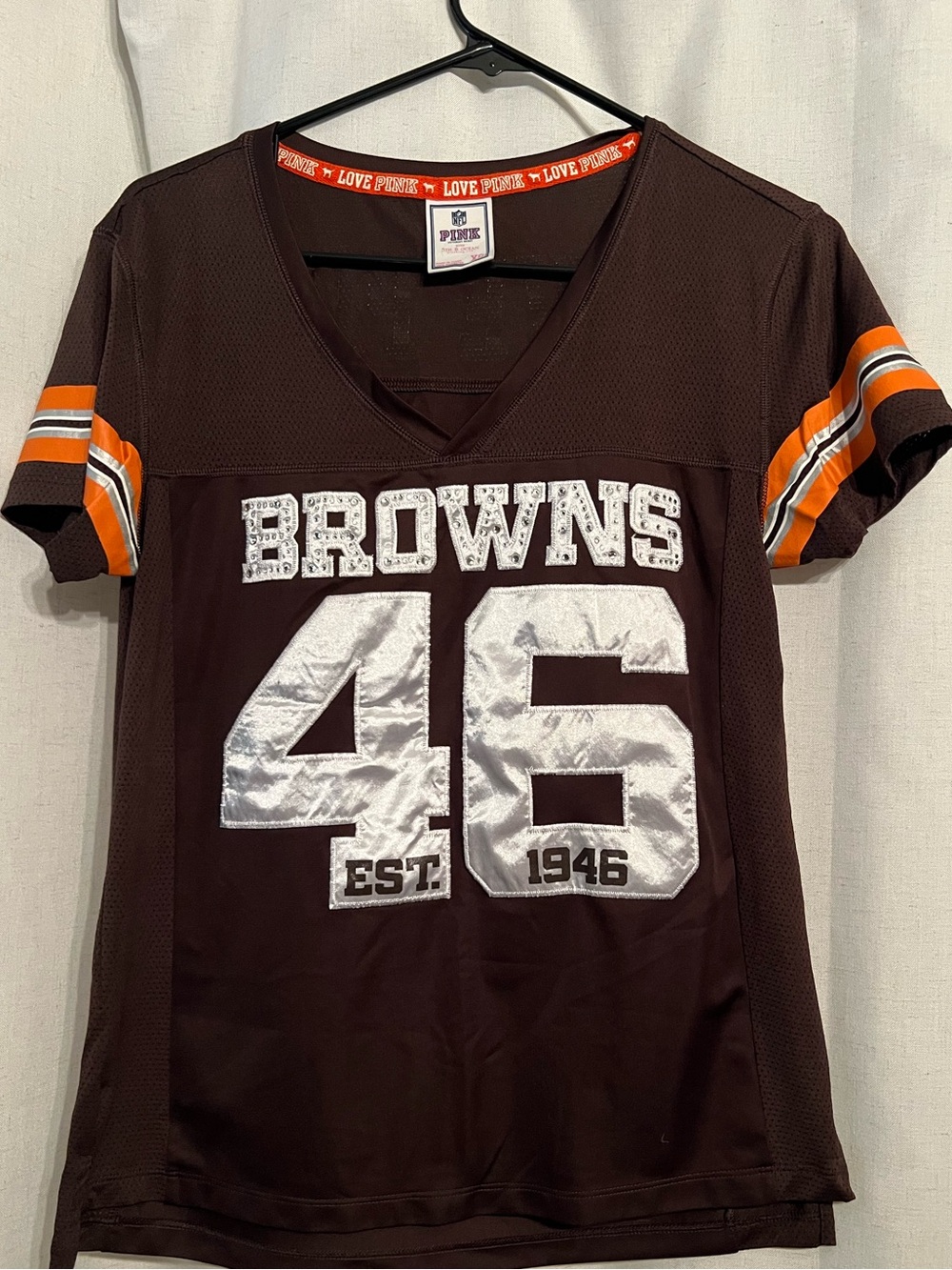 Victoria's Secret PINK Brown V-Neck 'BROWNS 46' Team Jersey/Tee w/Orange Stripes